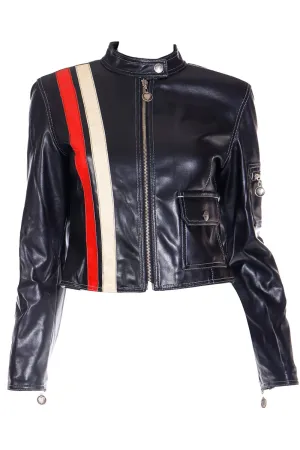 1990s Moschino Jeans Black Moto Jacket w Red & White Stripes The Nanny