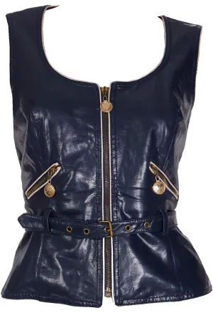 1990s Moschino Jeans Faux Leather Zip Front Vest w Gold Hardware