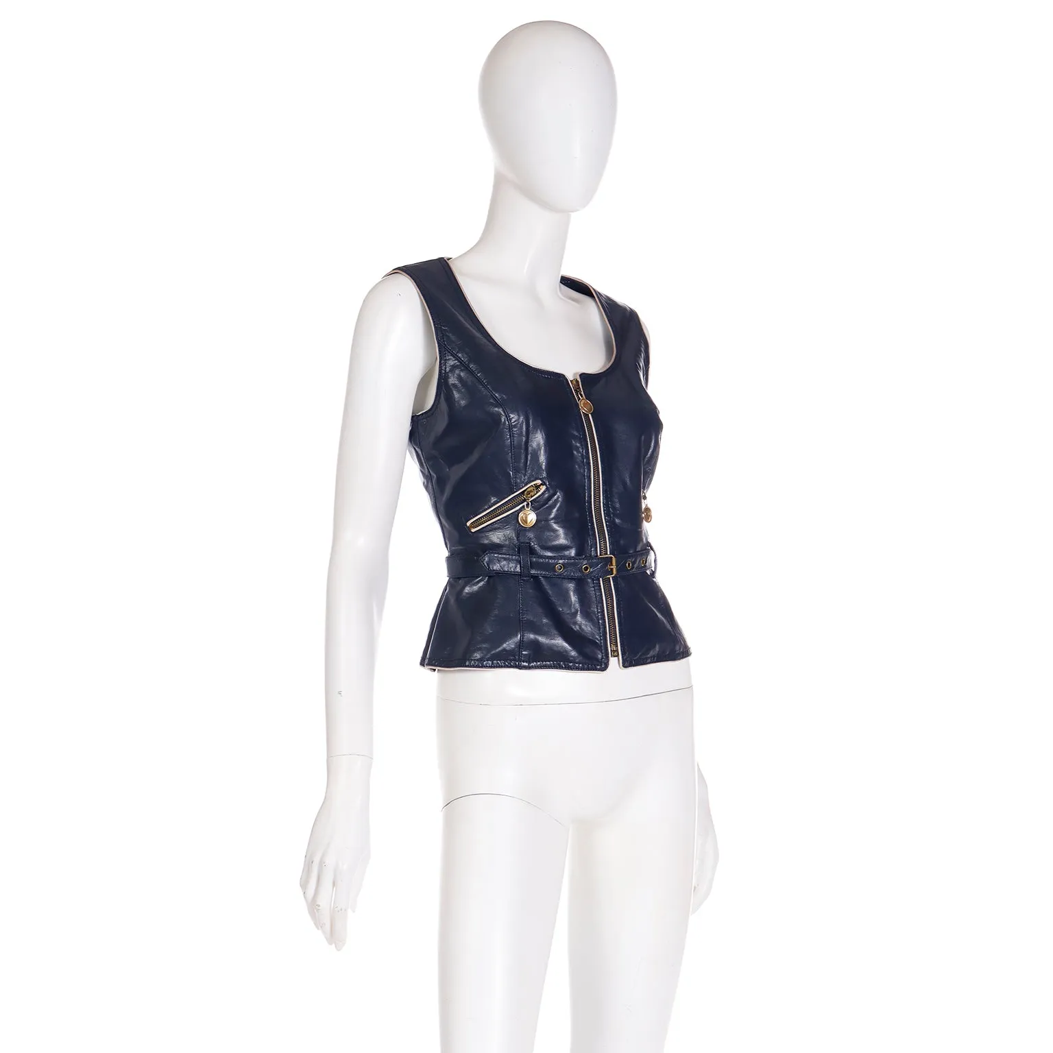 1990s Moschino Jeans Faux Leather Zip Front Vest w Gold Hardware