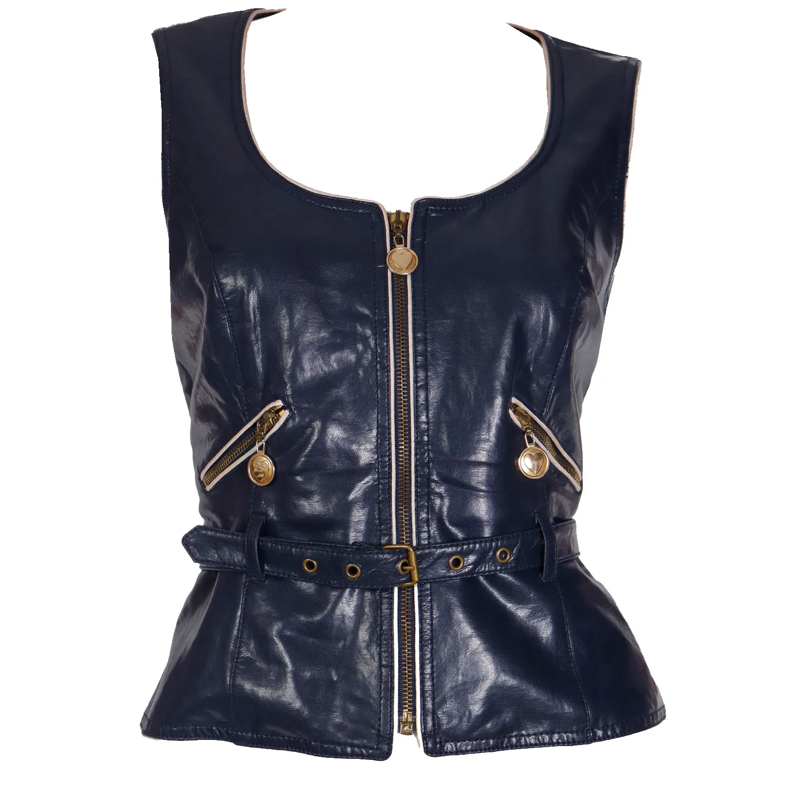 1990s Moschino Jeans Faux Leather Zip Front Vest w Gold Hardware