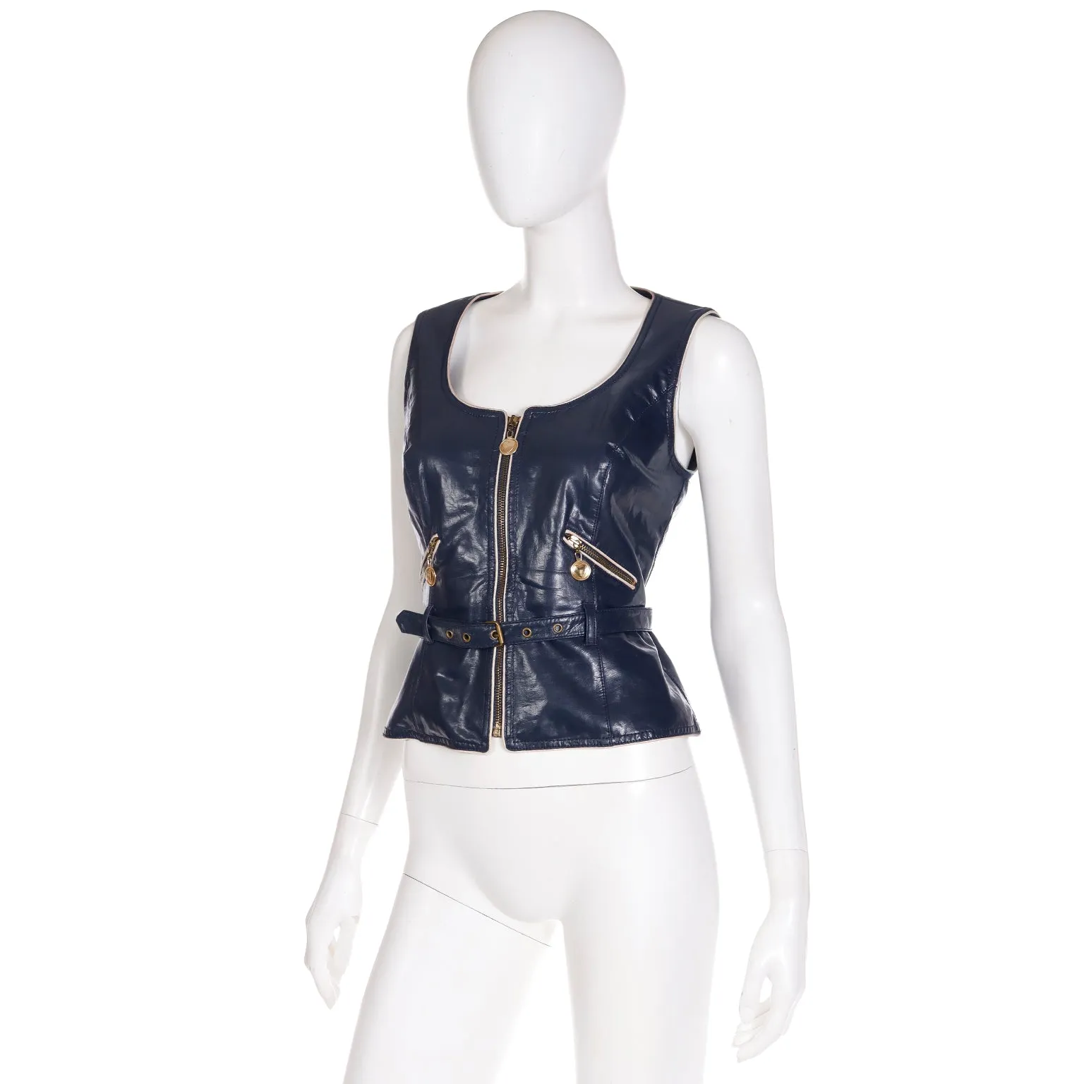 1990s Moschino Jeans Faux Leather Zip Front Vest w Gold Hardware