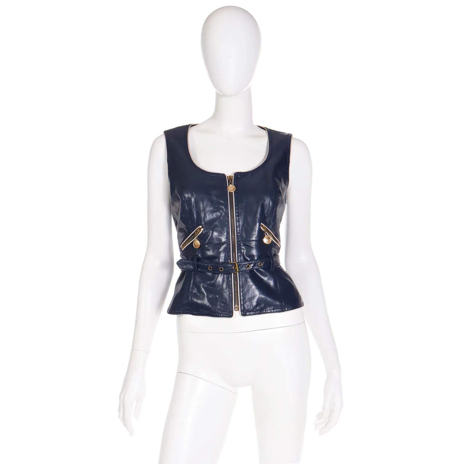 1990s Moschino Jeans Faux Leather Zip Front Vest w Gold Hardware