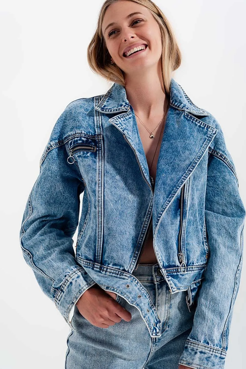 Asymmetric Biker Jacket in Light Wash Blue