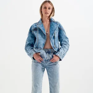 Asymmetric Biker Jacket in Light Wash Blue