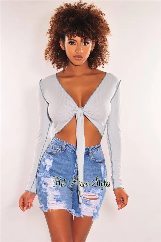 Baby Blue Ribbed Exposed Seams Tie Up Long Sleeve Top