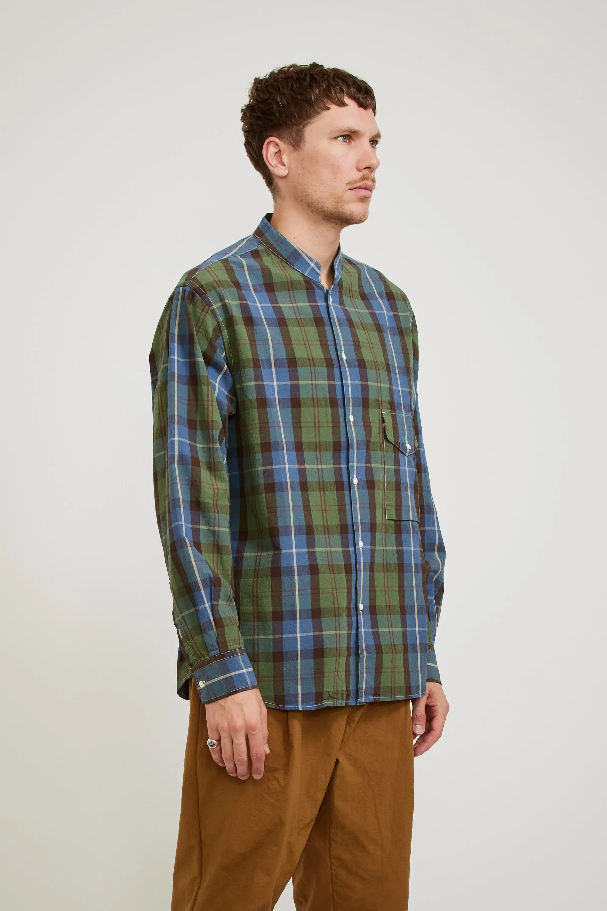 Banded Collar Shirts Blue/Green Madras