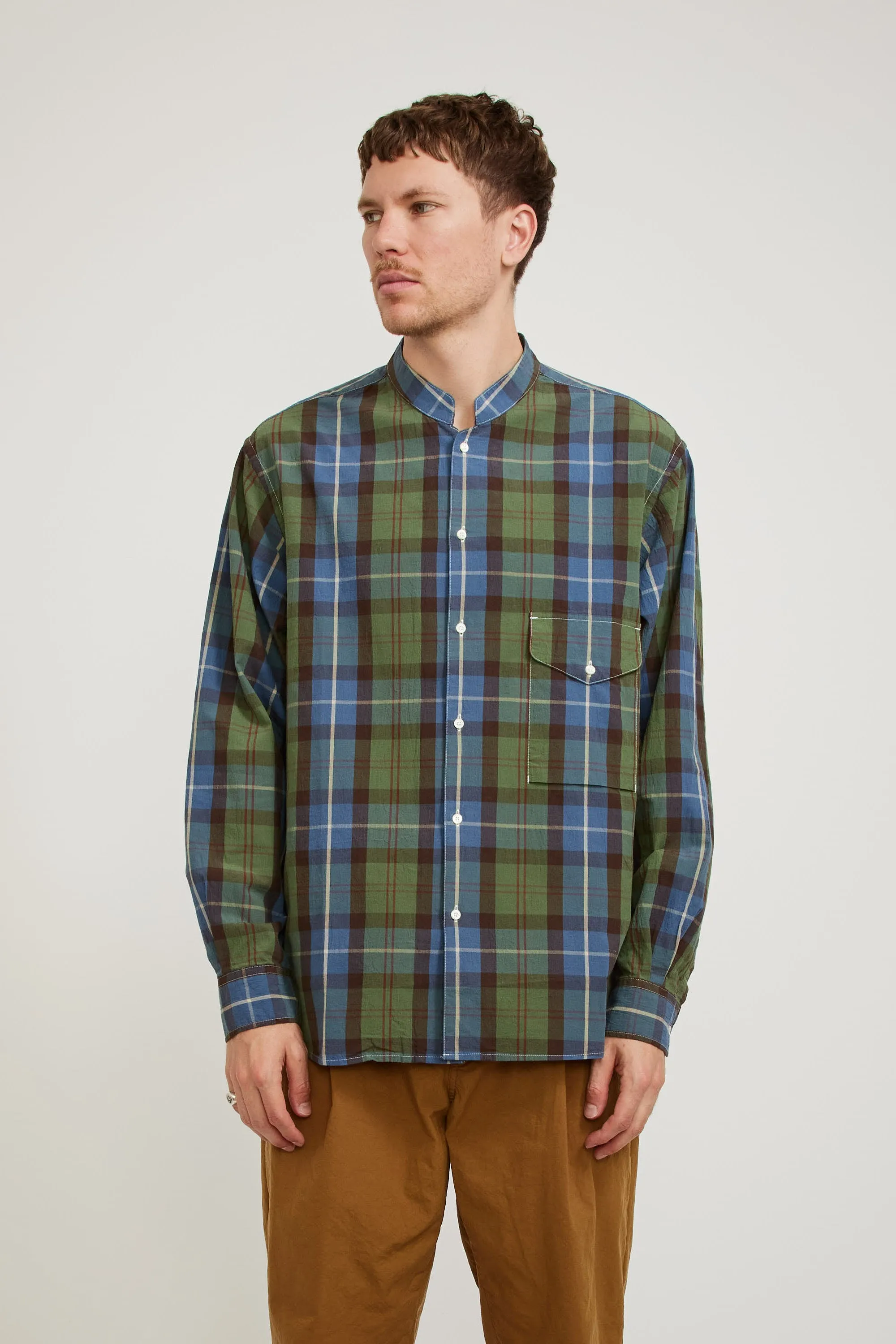 Banded Collar Shirts Blue/Green Madras