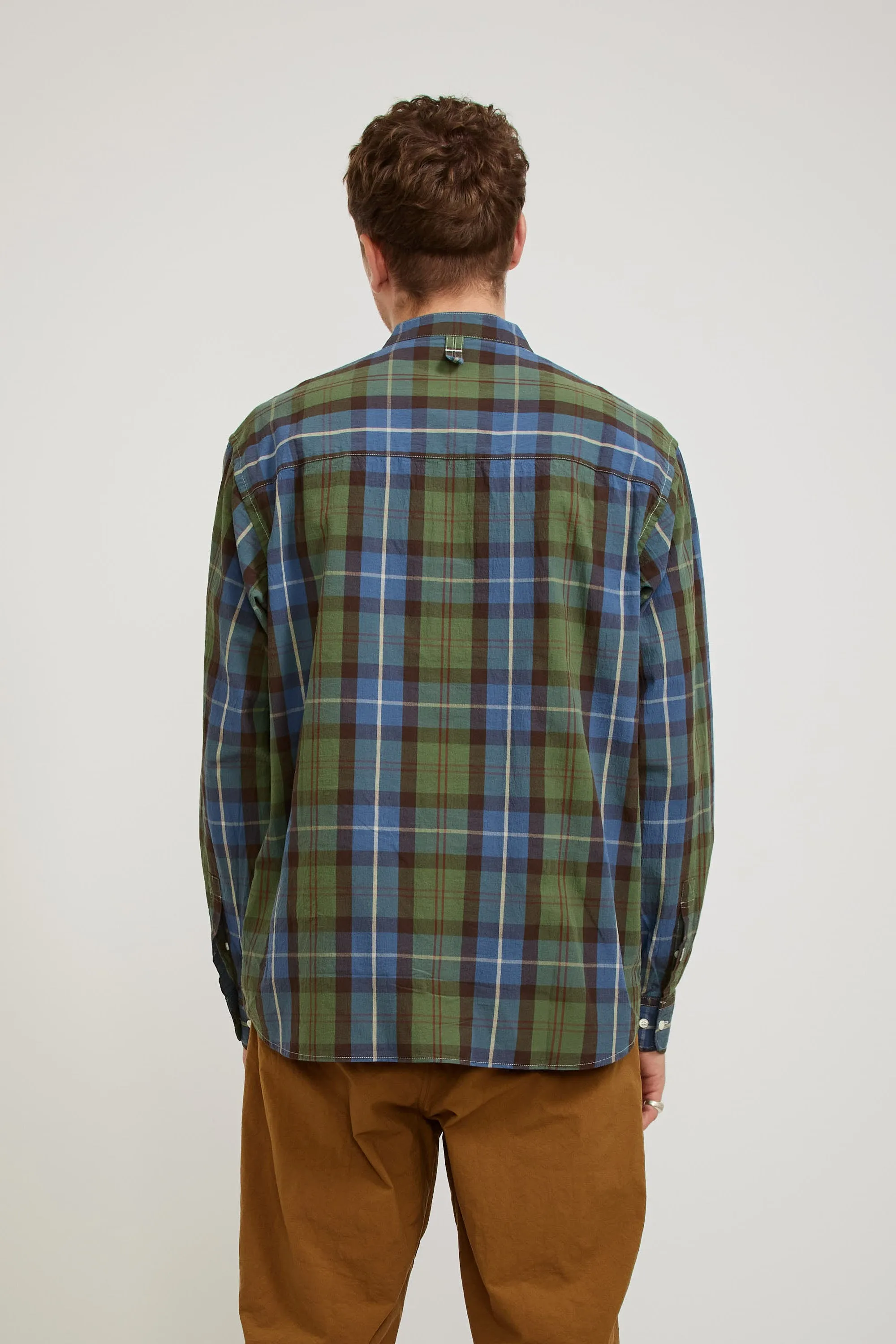 Banded Collar Shirts Blue/Green Madras