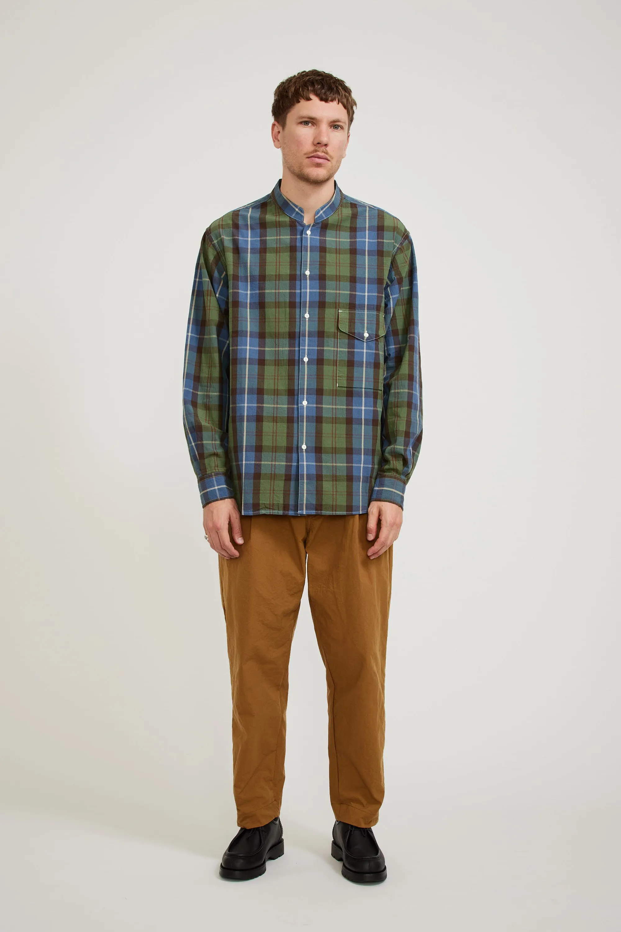 Banded Collar Shirts Blue/Green Madras