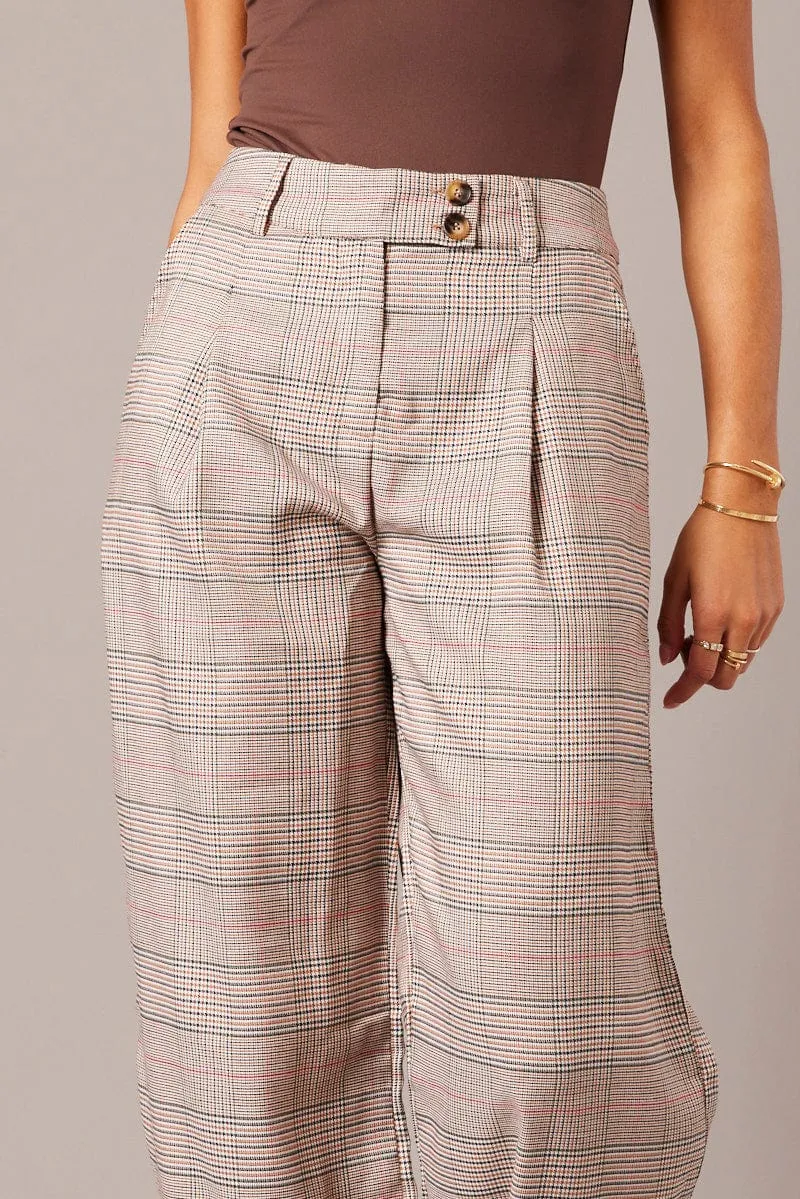 Beige Check Wide Leg Pants Tailored