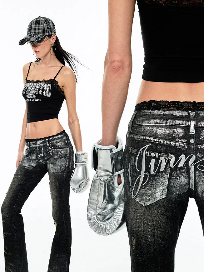 Black Embroidered Silver-Stamped Flared Jeans