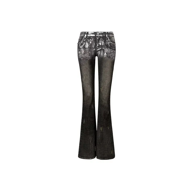 Black Embroidered Silver-Stamped Flared Jeans