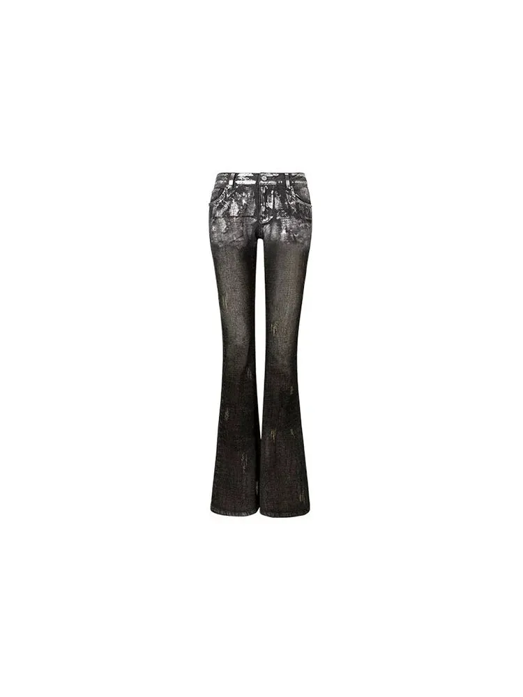 Black Embroidered Silver-Stamped Flared Jeans