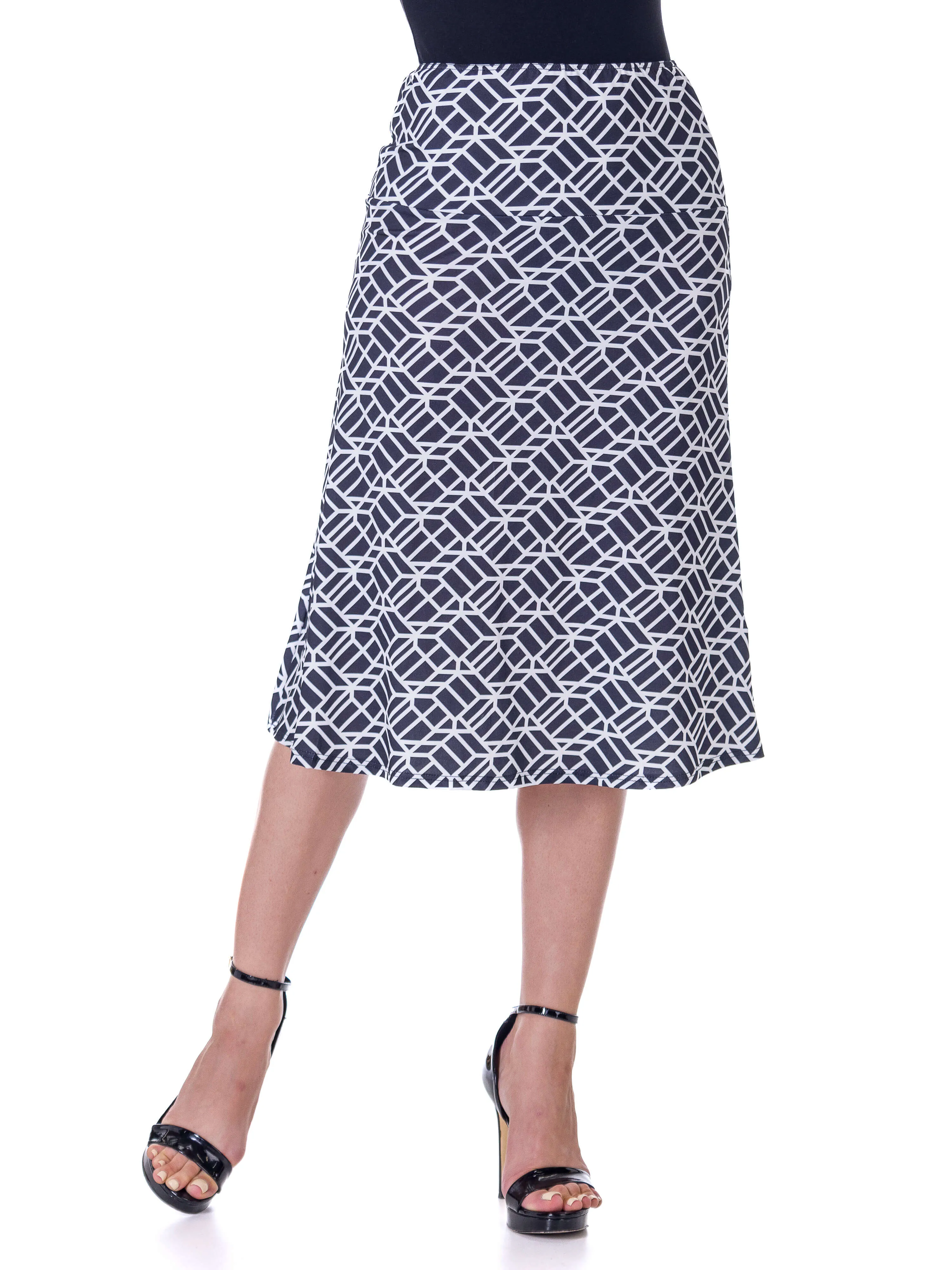 Black Geometric Print Comfortable Elastic Waist Knee Length Skirt