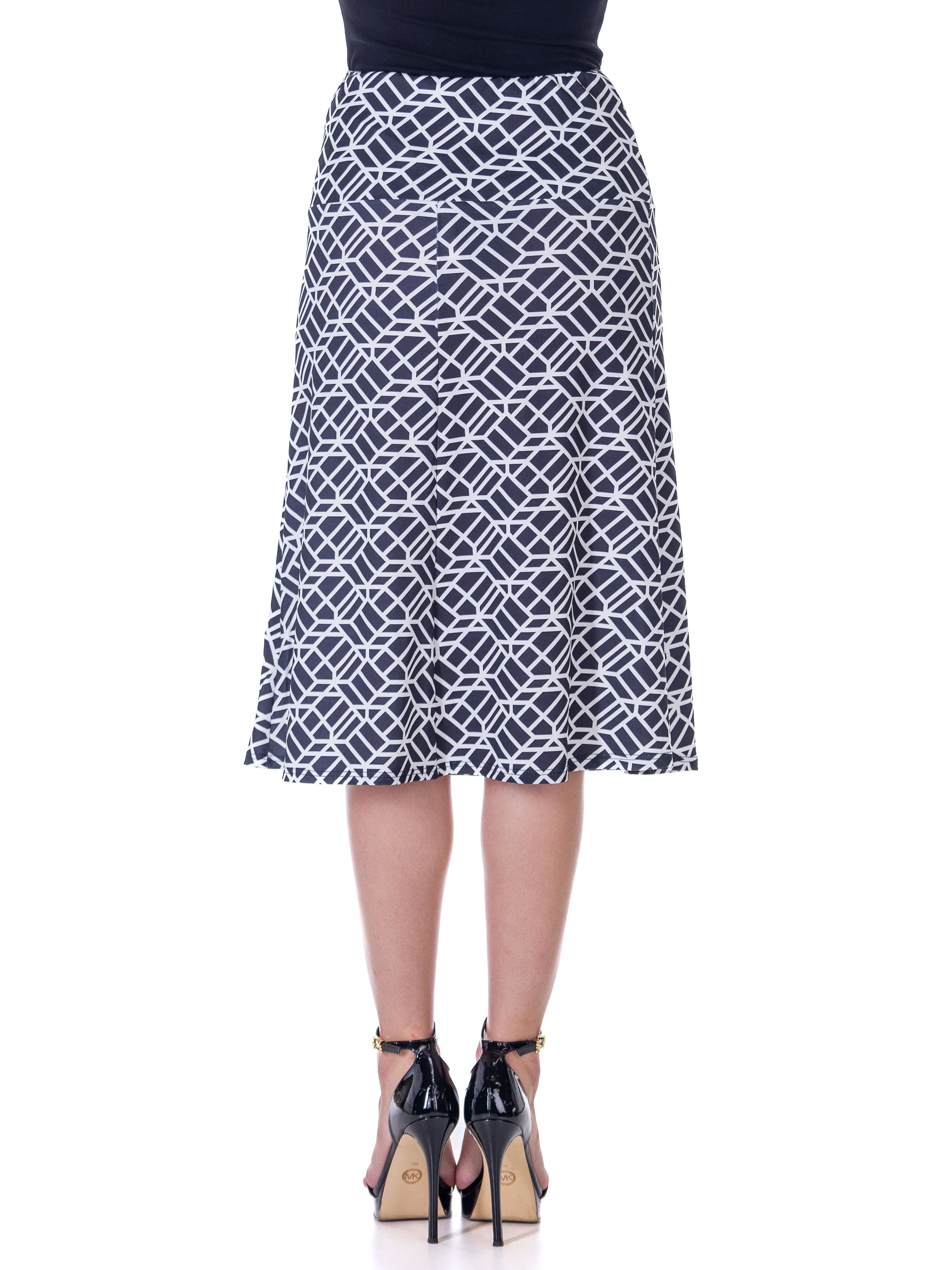 Black Geometric Print Comfortable Elastic Waist Knee Length Skirt