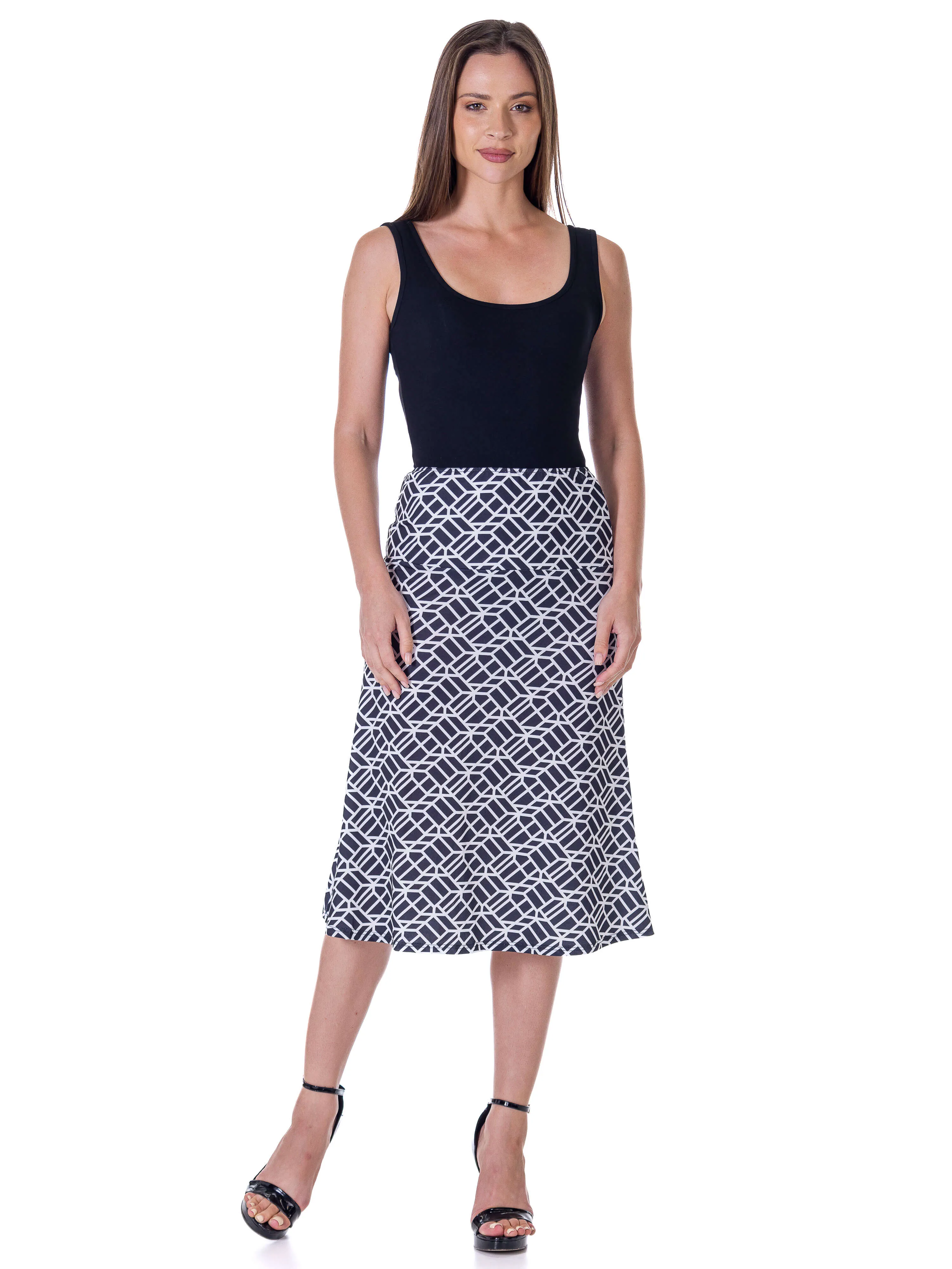 Black Geometric Print Comfortable Elastic Waist Knee Length Skirt