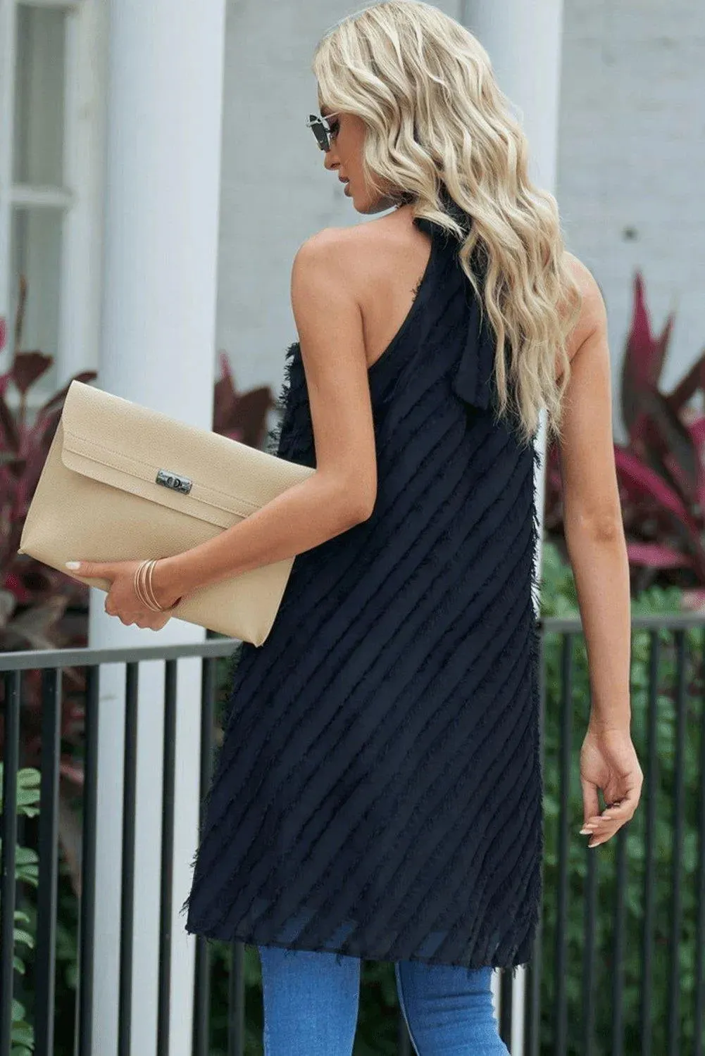 Black Textured Halter Lace-Up Sleeveless Mini Dress