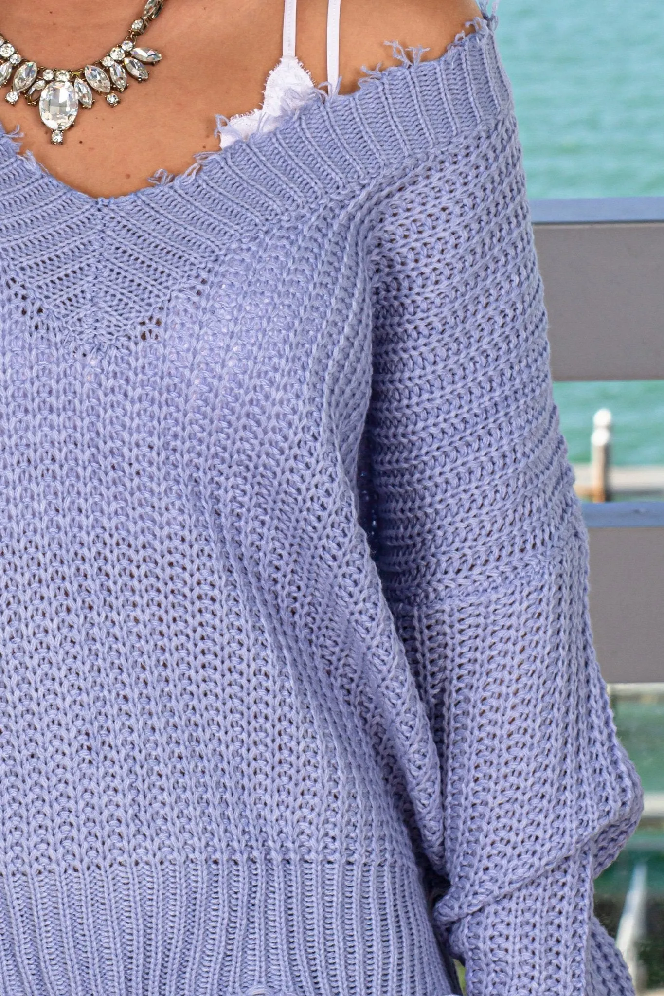 Blue V-Neck Frayed Sweater