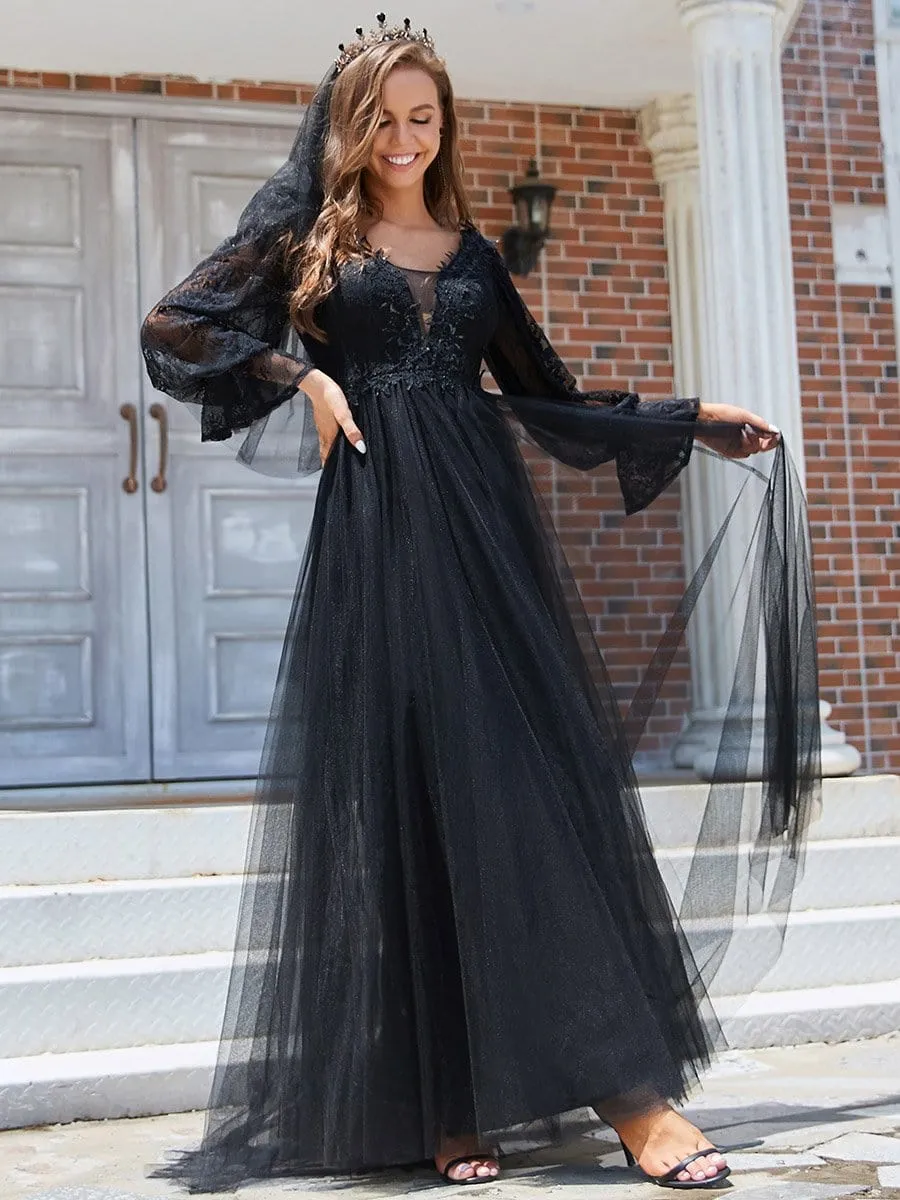 Boho Chic Lantern Sleeve Sheer Black Tulle Wedding Dress