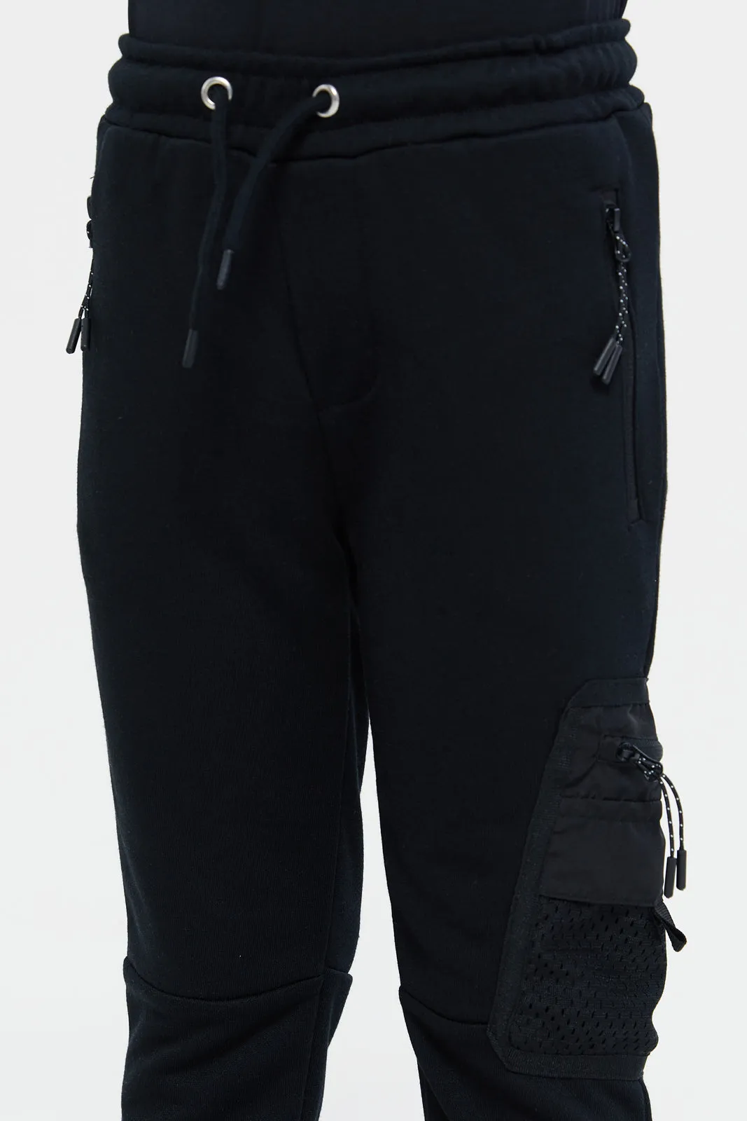 Boys Black Track Pants With Zipper Side Pocket