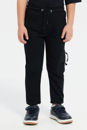 Boys Black Track Pants With Zipper Side Pocket