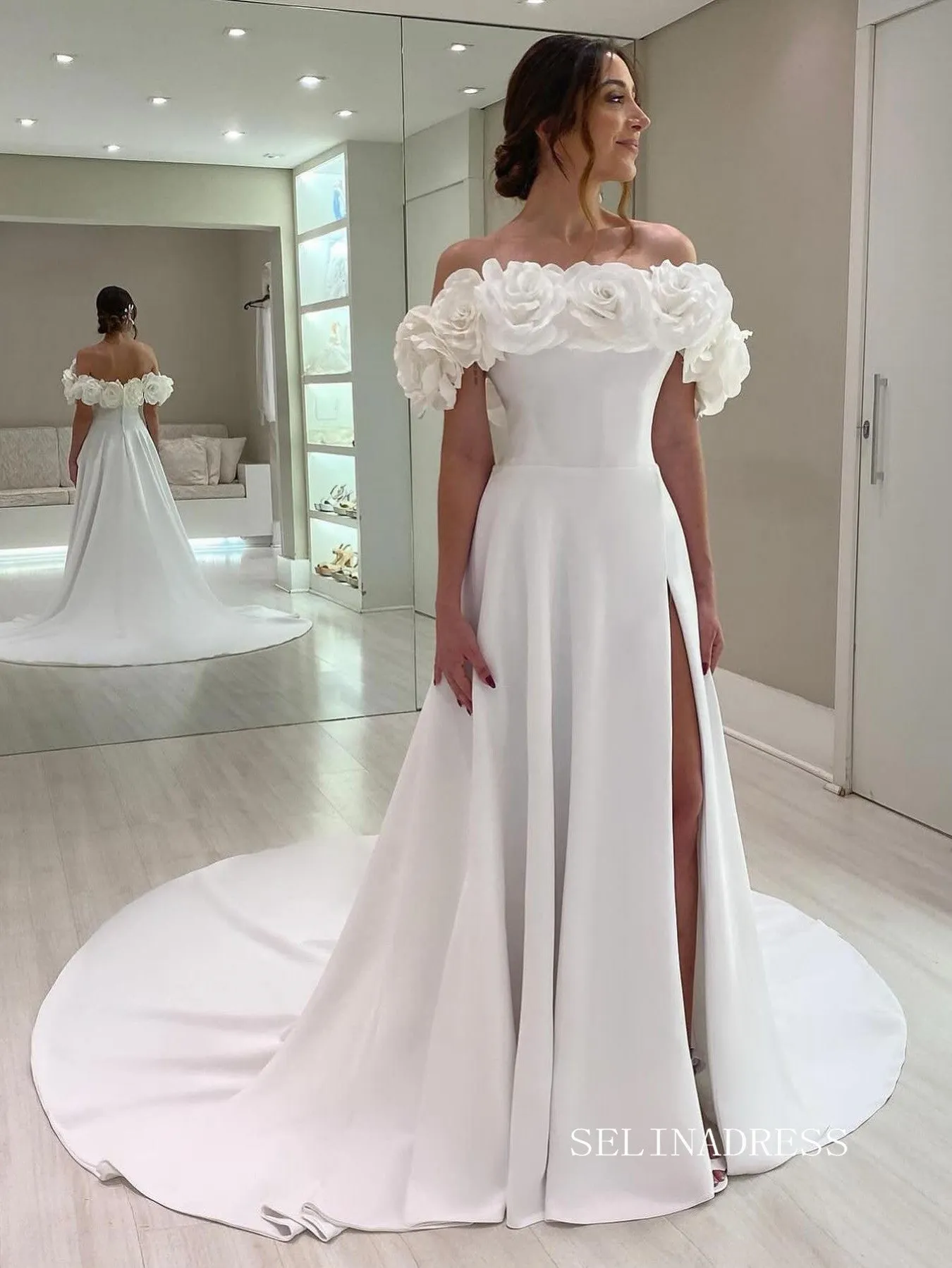 Chic A-line Off-the-shoulder White Satin Wedding Dress Rustic Bridal Dresses lpk131