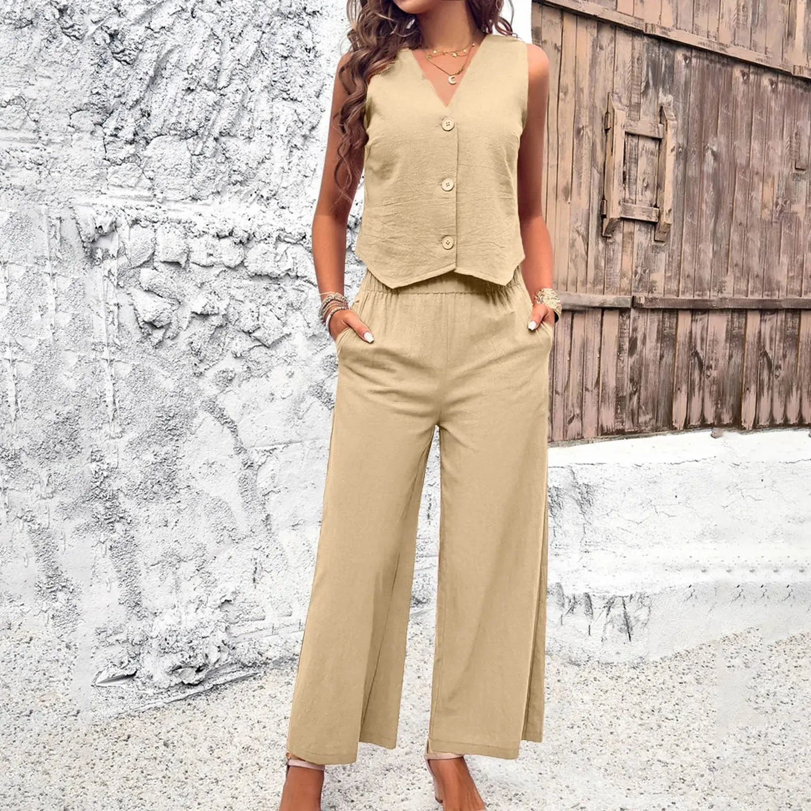 Cotton Blend Summer Elegant Sleeveless Blazer High Waist Wide Leg Chic Set