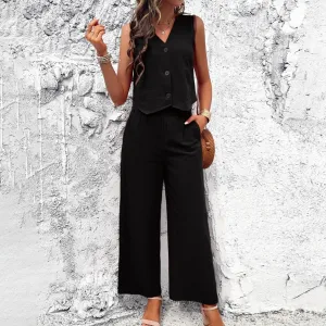 Cotton Blend Summer Elegant Sleeveless Blazer High Waist Wide Leg Chic Set