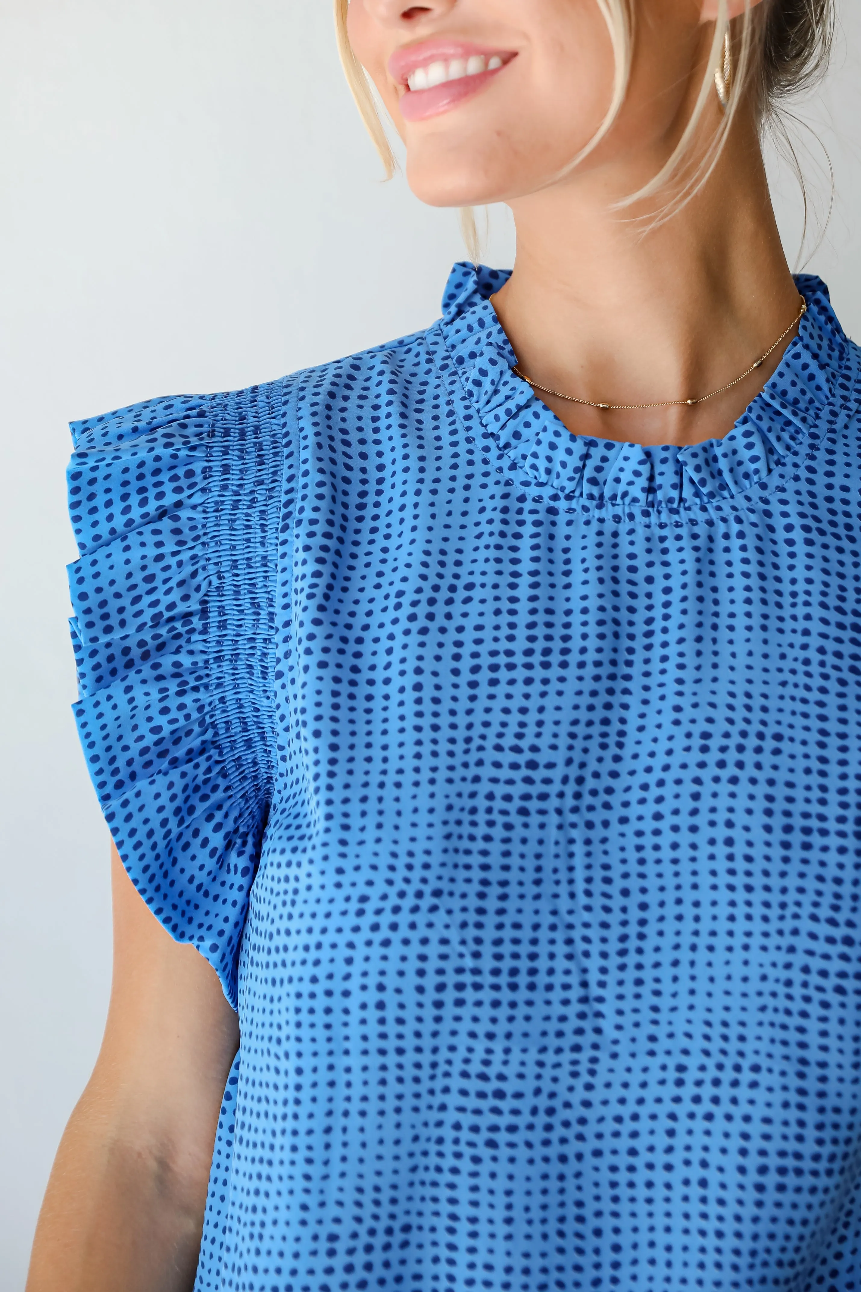 Ever Trendy Blue Dotted Ruffle Sleeve Blouse