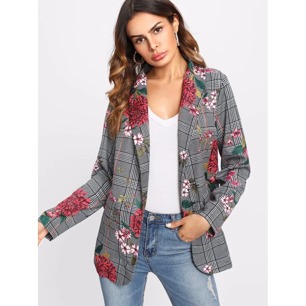 Faux Pocket Detail Floral And Plaid Blazer