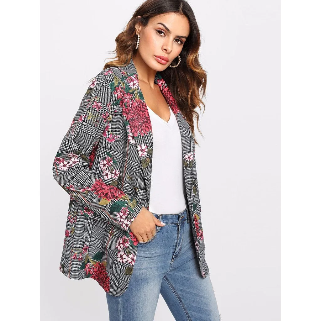 Faux Pocket Detail Floral And Plaid Blazer