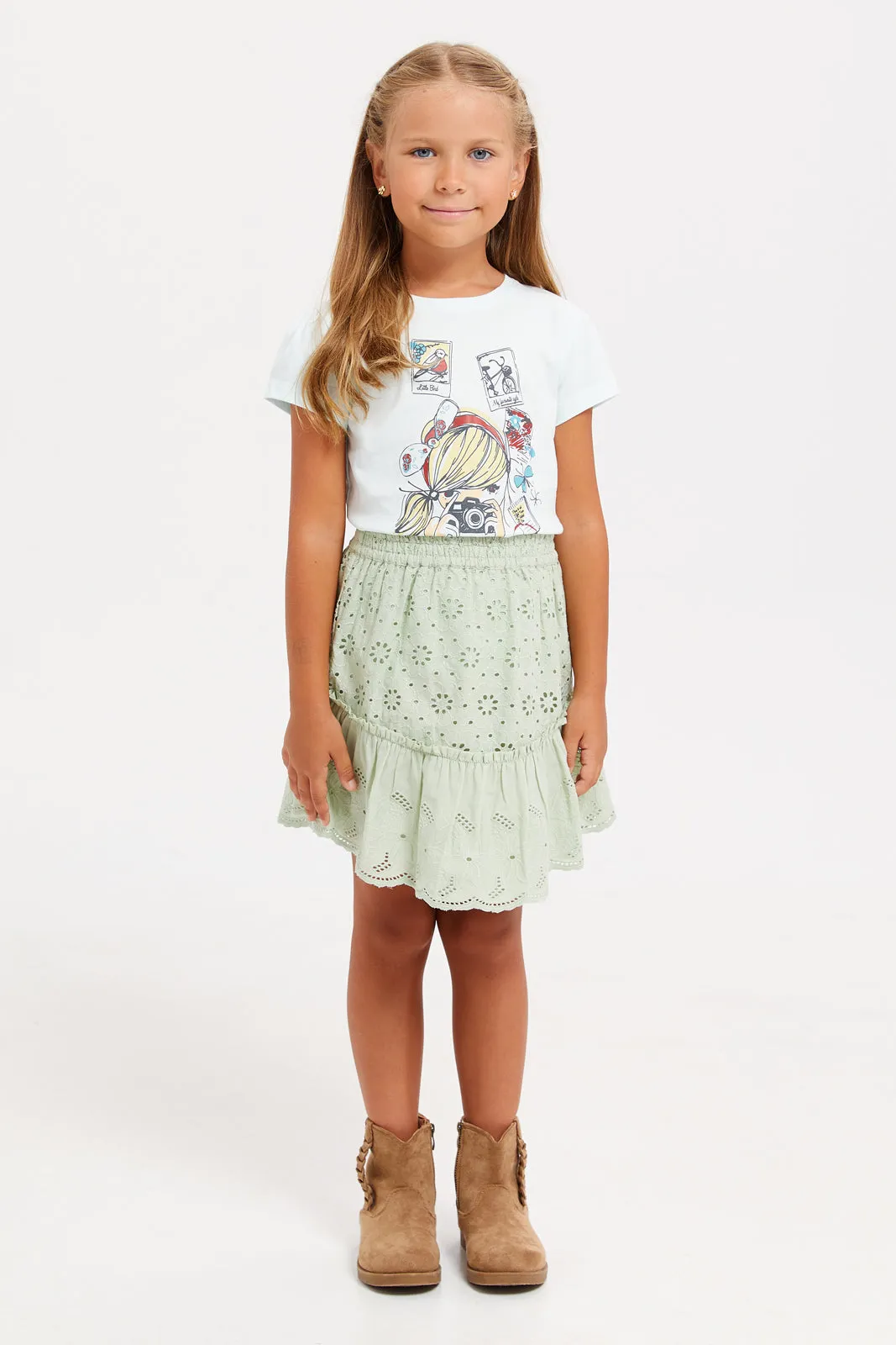 Girls Green Embroidered Skirt