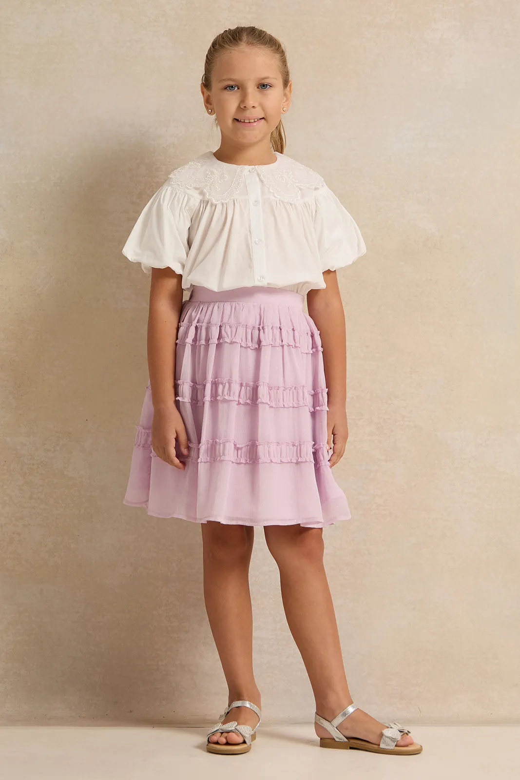 Girls Lilac Glittered Mesh Dobby Skirt