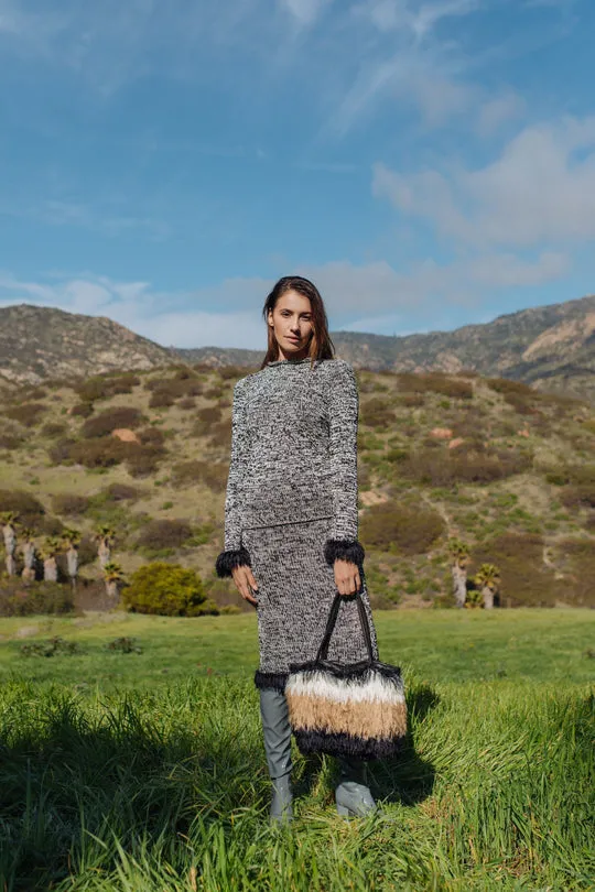 Grey Knit Sweater With Feather Cuffs