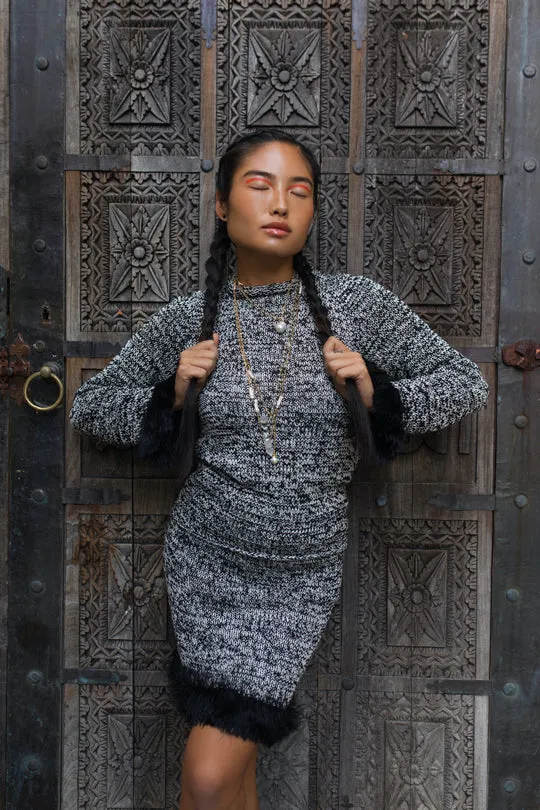 Grey Knit Sweater With Feather Cuffs