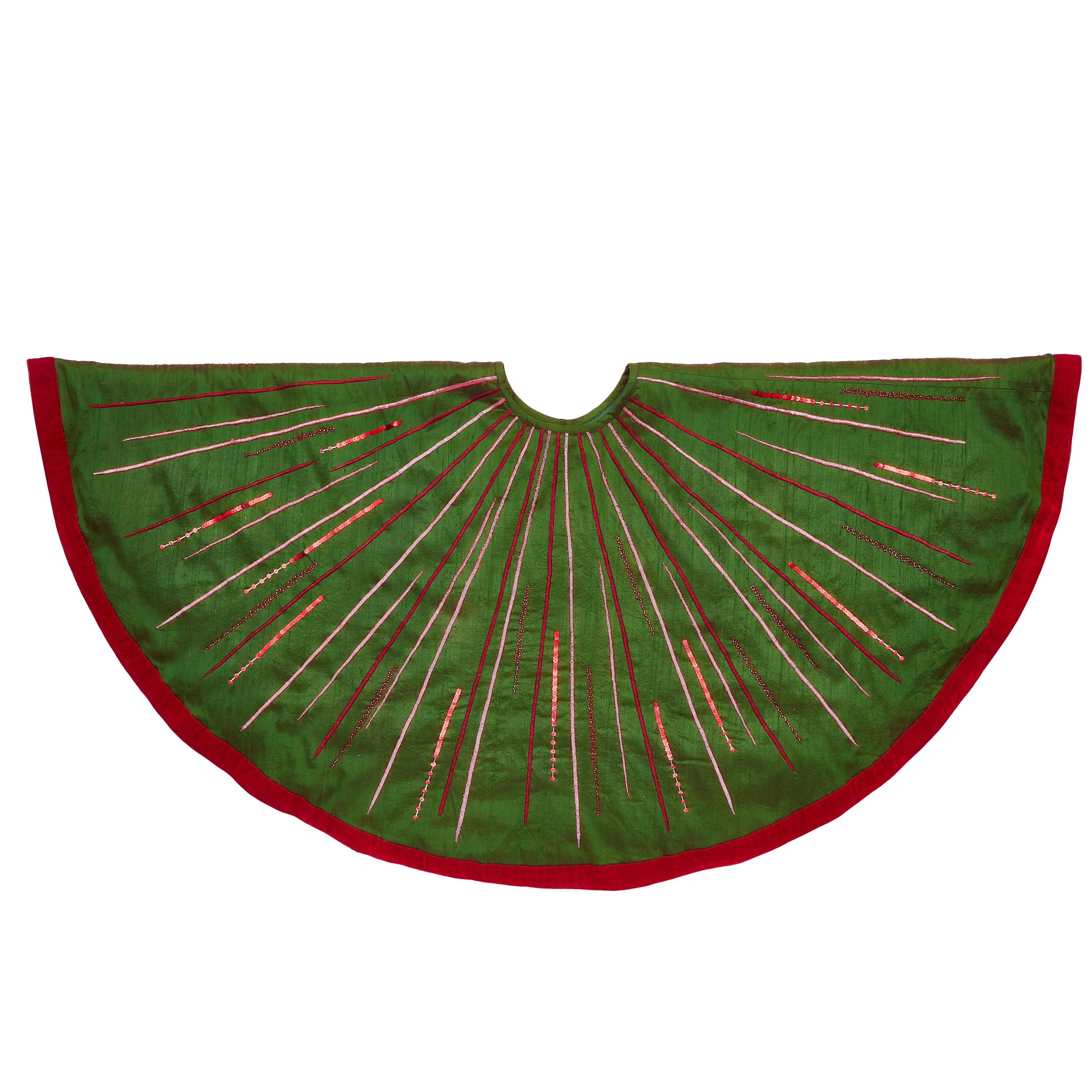 Hand Beaded Starburst Christmas Tree Skirt in Green Silk - 60"