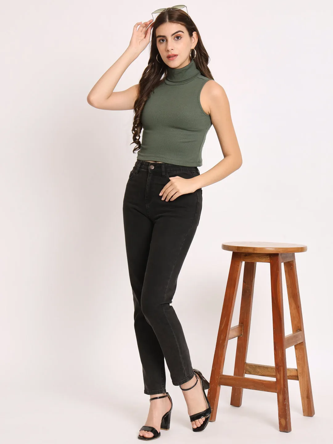 High Neck Sleeveless Crop Fitted Top