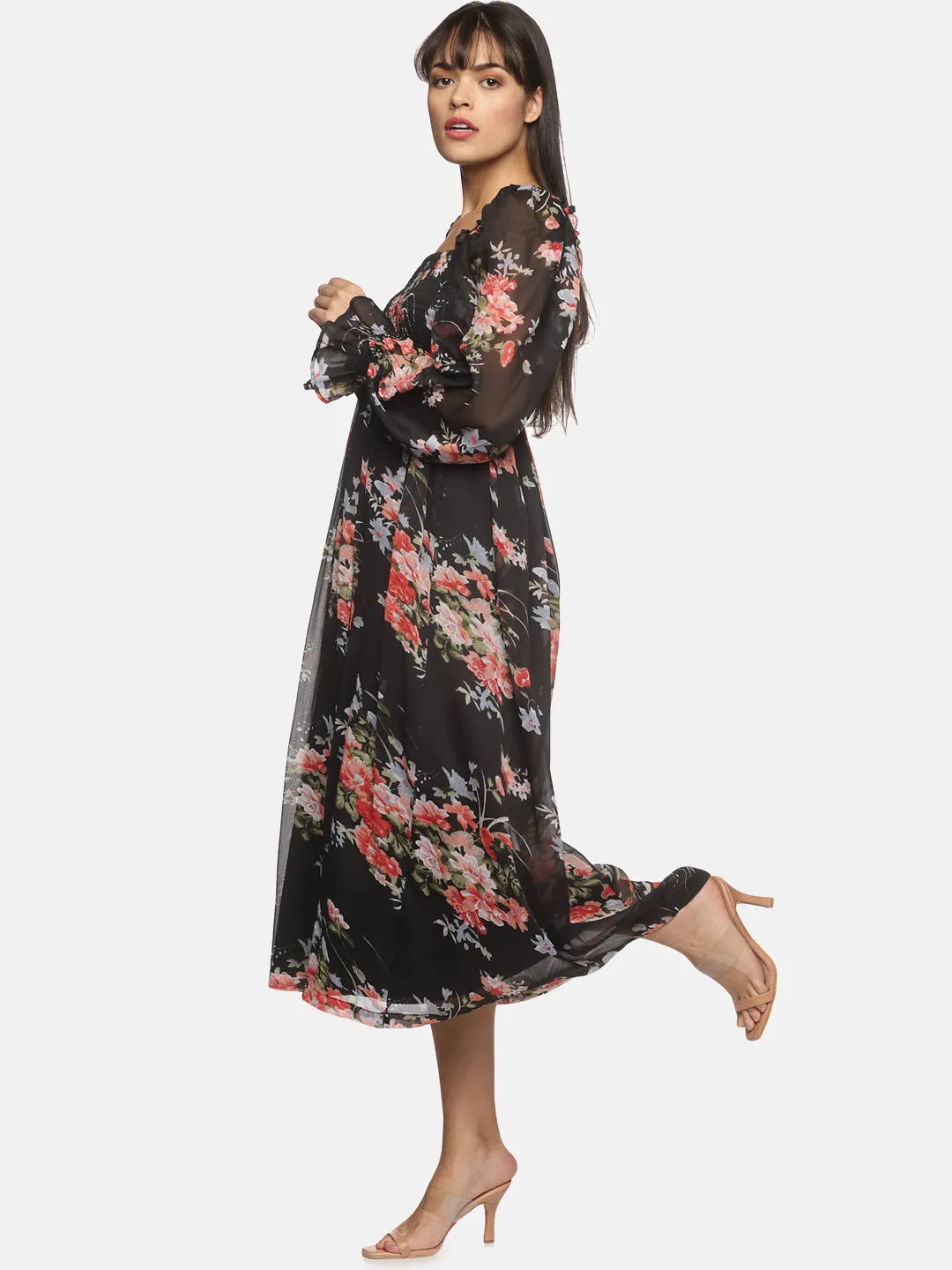 IS.U Black floral Balloon Sleeve Midaxi Dress in india