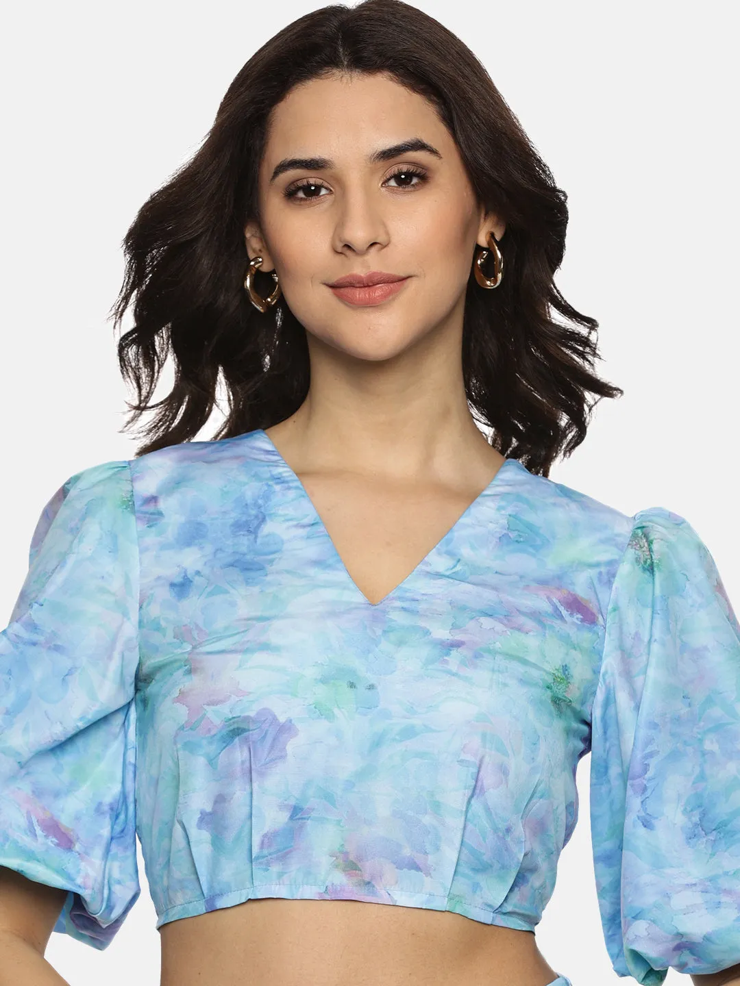 IS.U Floral Blue Puff Sleeve Crop Top