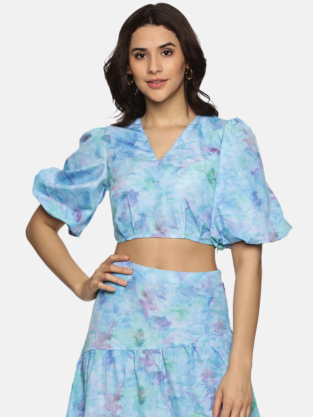 IS.U Floral Blue Puff Sleeve Crop Top