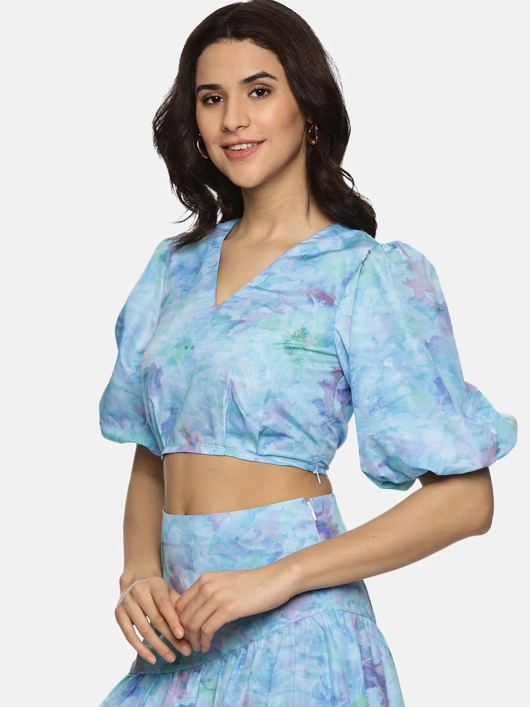 IS.U Floral Blue Puff Sleeve Crop Top