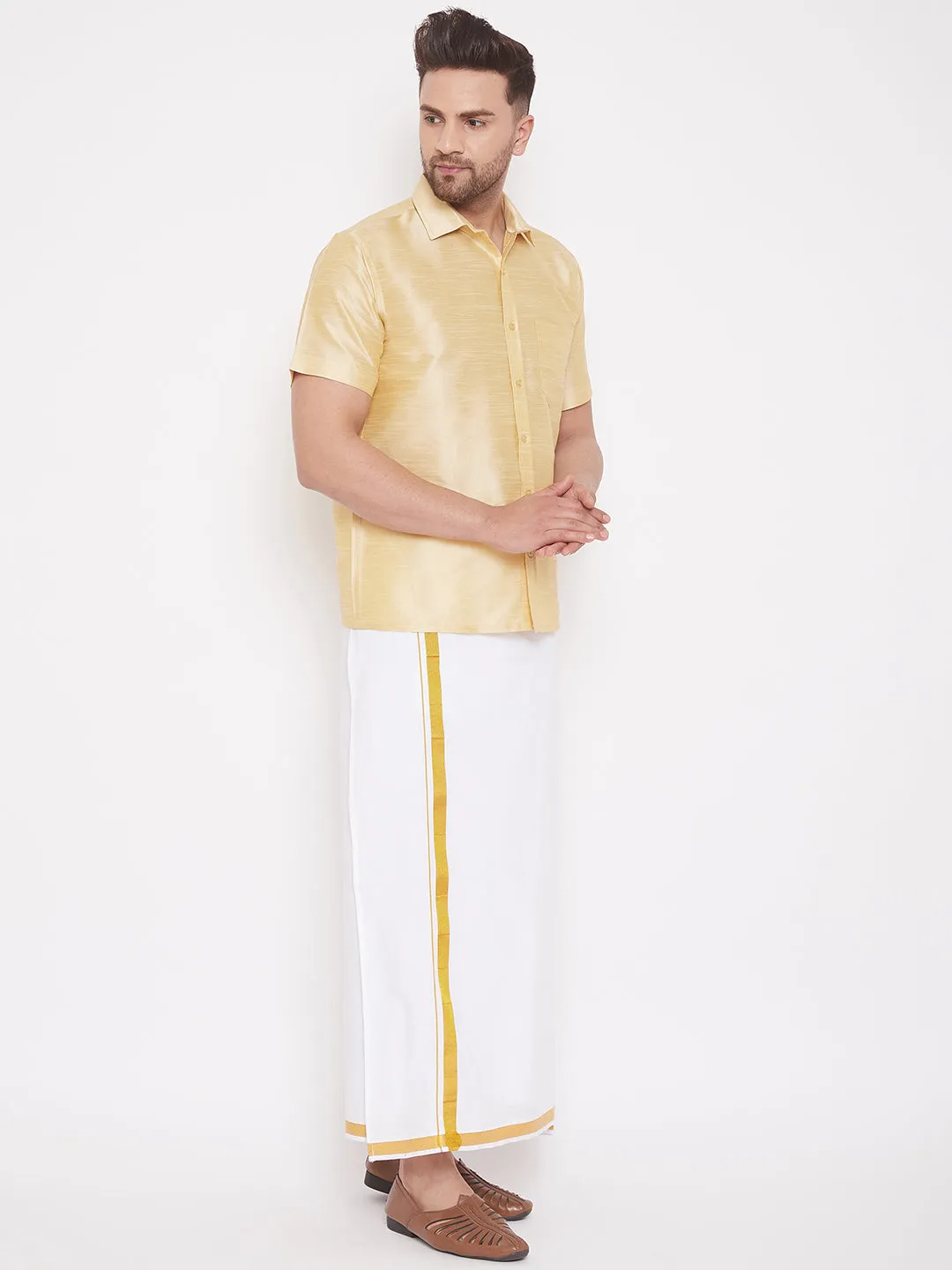 Jashvi Men's & Boys Gold Solid Silk Blend Half Sleeve Ethnic Shirt And Mundu Set