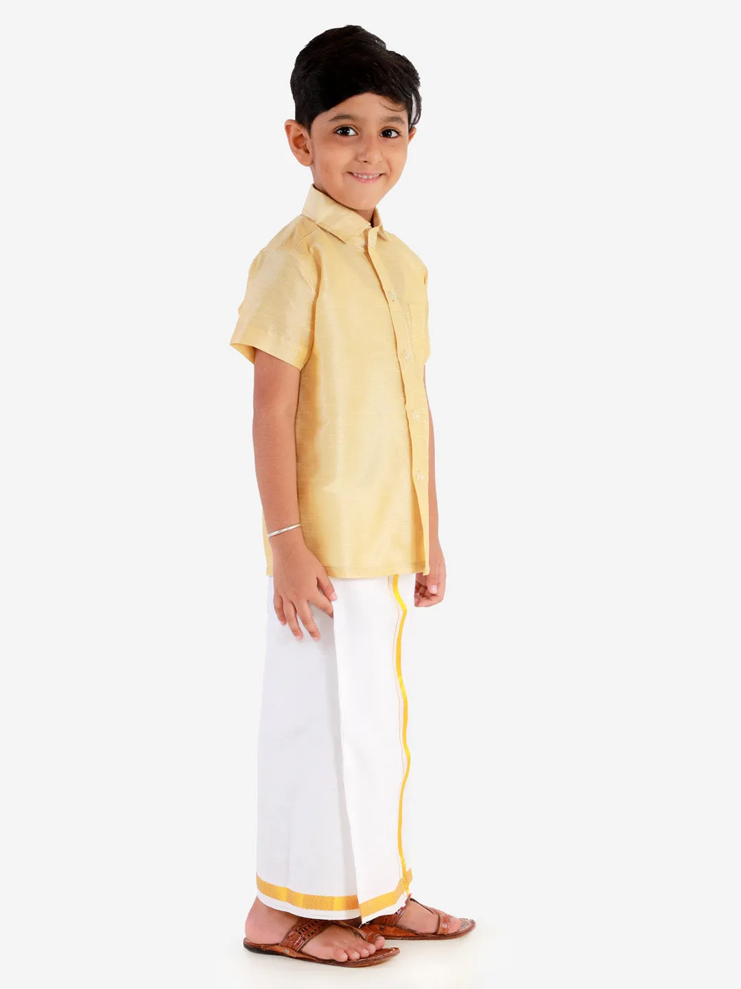 Jashvi Men's & Boys Gold Solid Silk Blend Half Sleeve Ethnic Shirt And Mundu Set