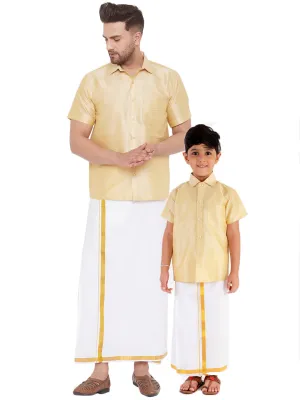 Jashvi Men's & Boys Gold Solid Silk Blend Half Sleeve Ethnic Shirt And Mundu Set