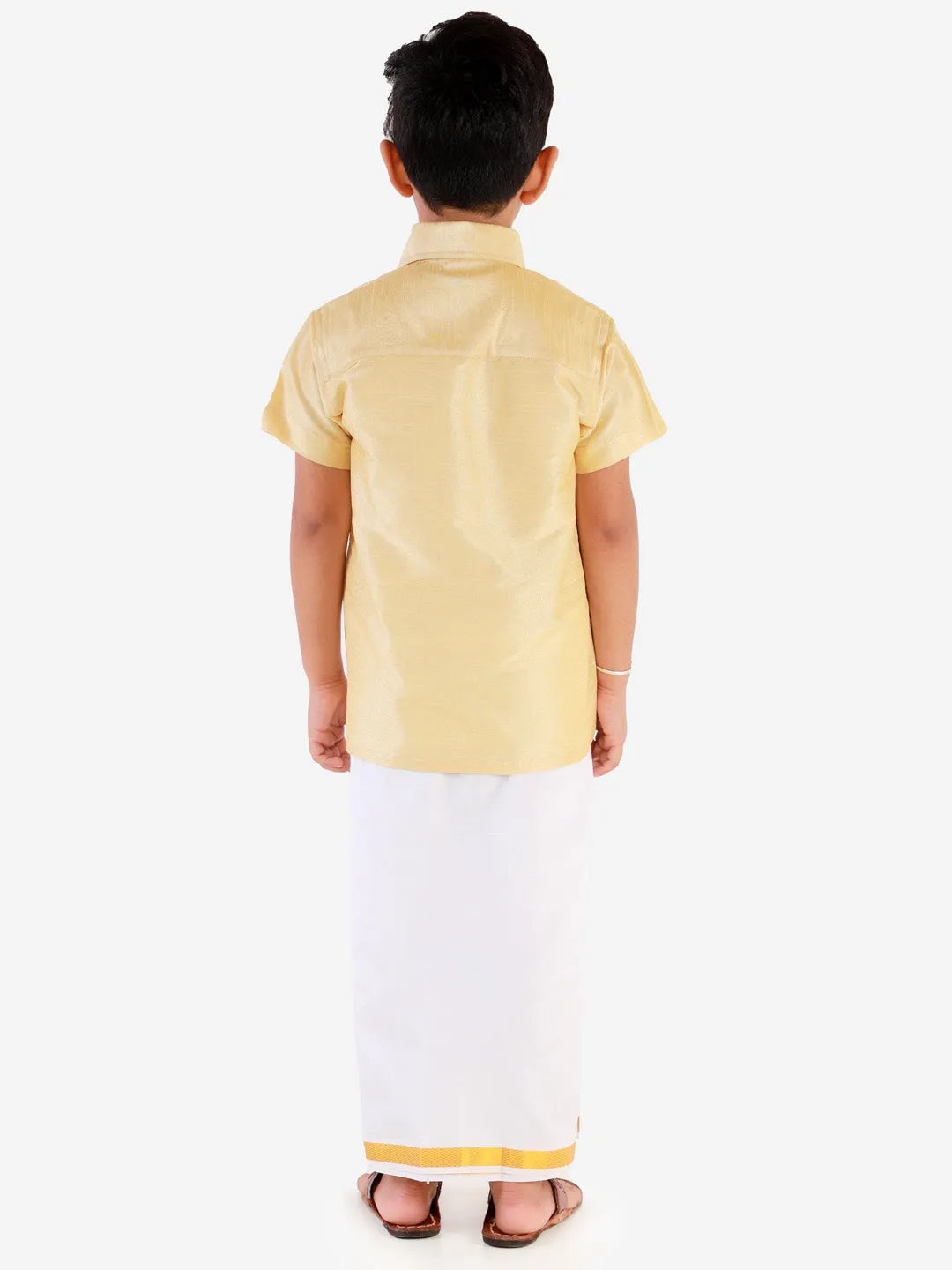 Jashvi Men's & Boys Gold Solid Silk Blend Half Sleeve Ethnic Shirt And Mundu Set