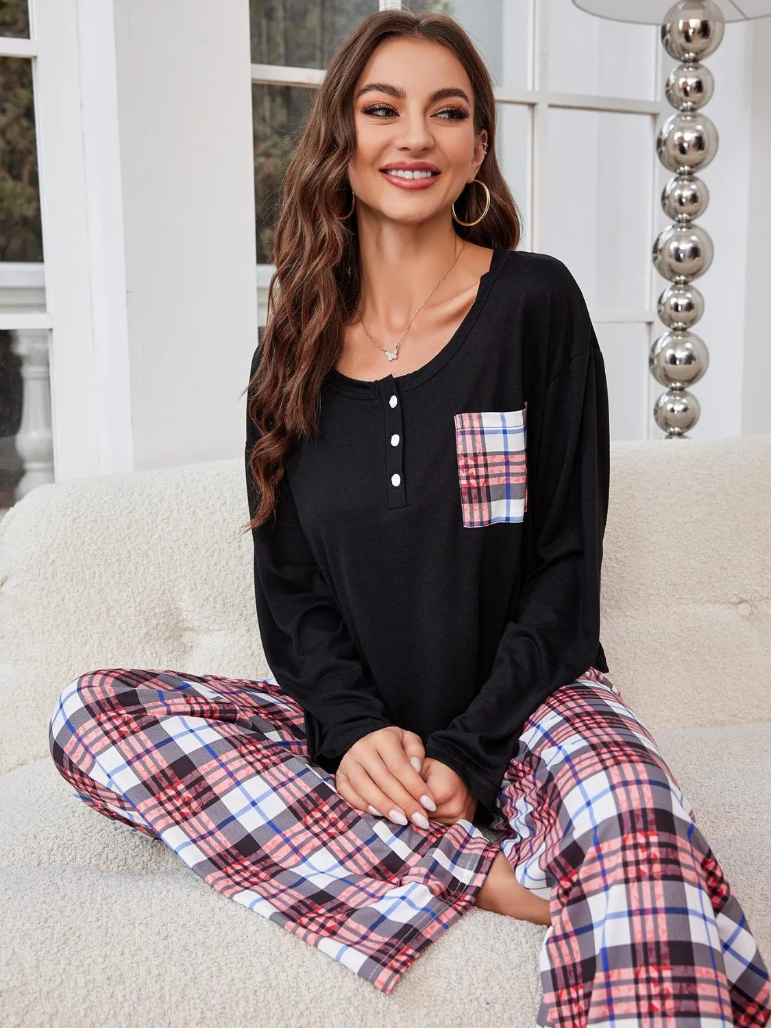 kesley Round Neck Long Sleeve Top and Plaid Pants Lounge Set