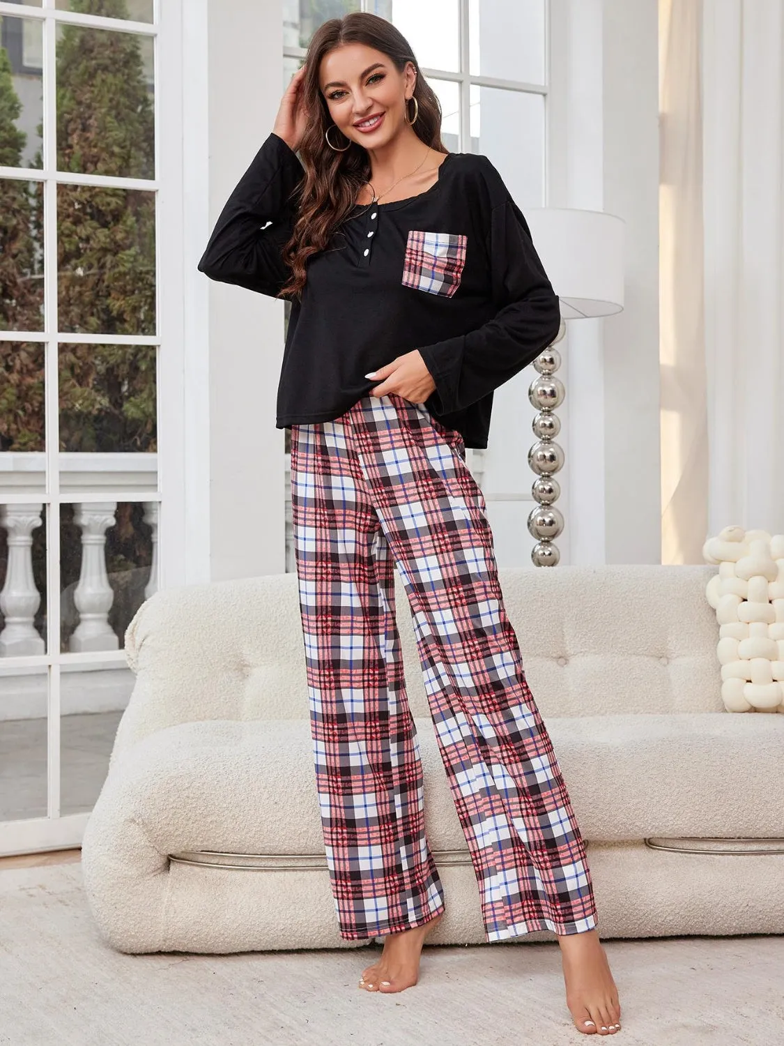 kesley Round Neck Long Sleeve Top and Plaid Pants Lounge Set