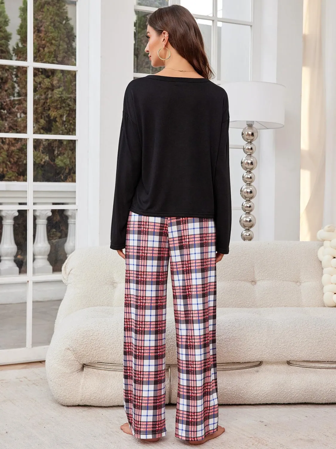 kesley Round Neck Long Sleeve Top and Plaid Pants Lounge Set