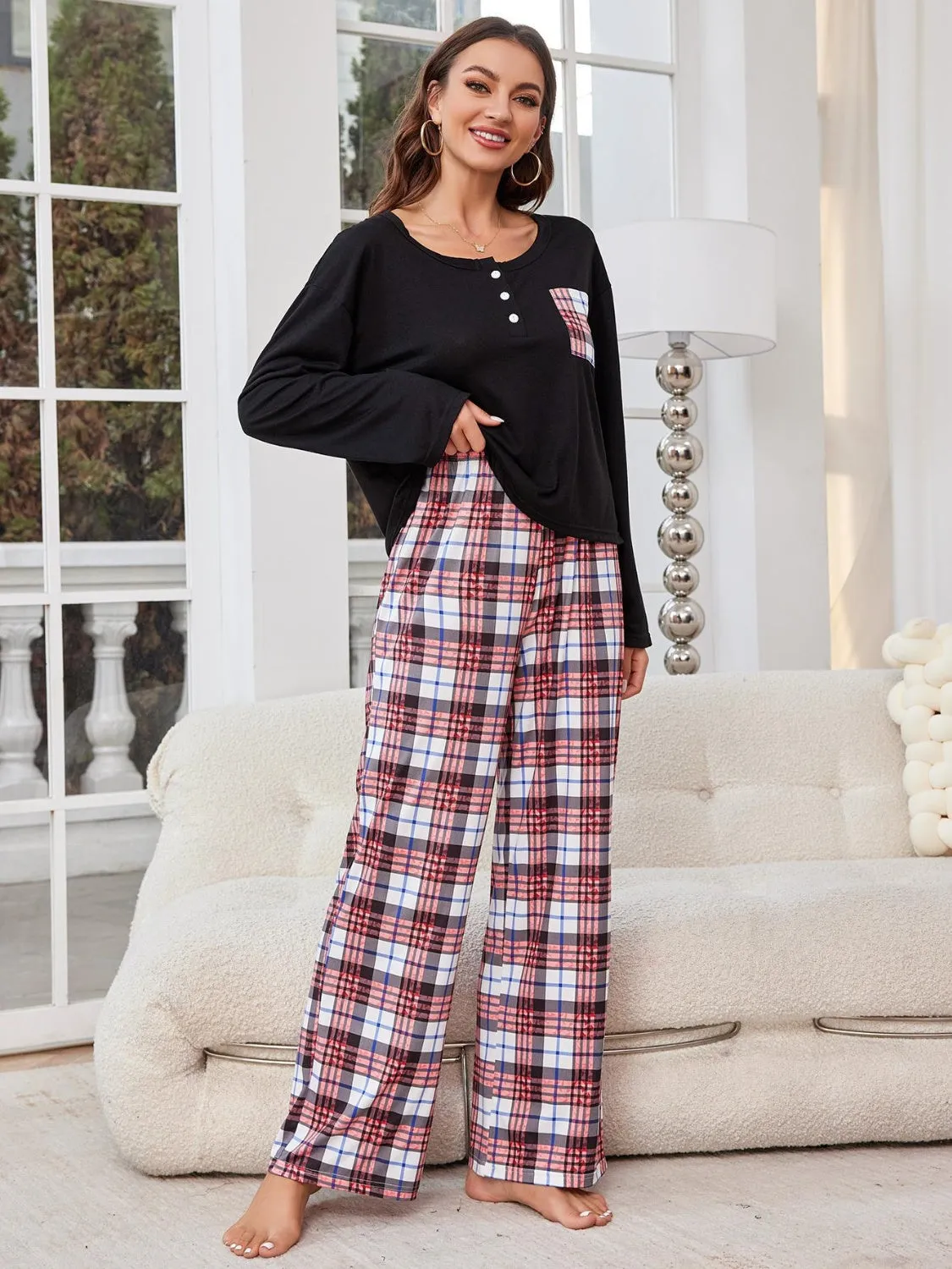 kesley Round Neck Long Sleeve Top and Plaid Pants Lounge Set