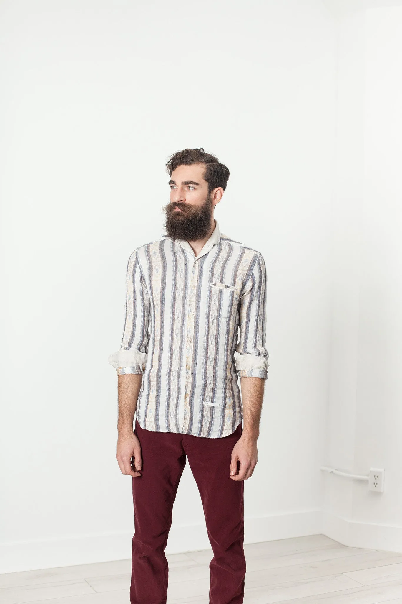 Linen Western Shirt in Beige/Blue